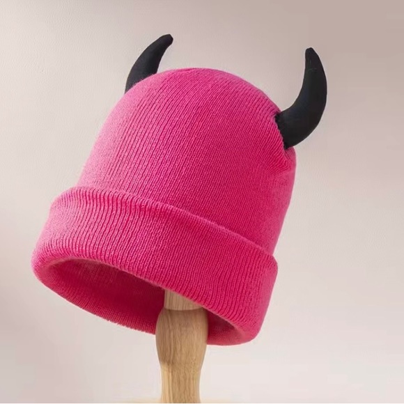 3 pack 1 red 1 pink 1 white knit beanie cap horns devil hat winter goth punk emo - Picture 3 of 12